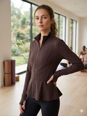 NWT Yogalicious Women's Brown Lux Violetta Full Zip Peplum Jacket Size Large